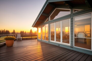 sunrise casting glow on a log cabin with fulllength glass windows - obrazy, fototapety, plakaty