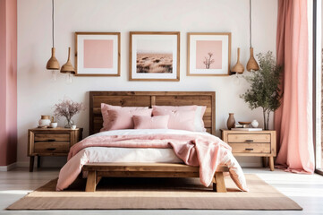 Rustic wooden bed with pink pillows and two bedside cabinets against white wall with three posters frames. Farmhouse interior design of modern bedroom.