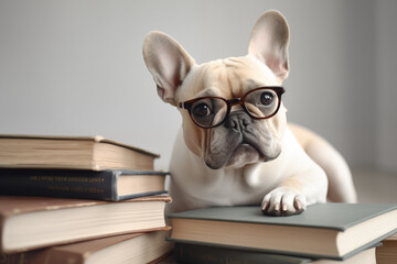 bulldog with glasses and books