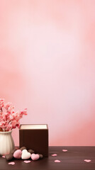 valentines day background with chocolate candies and pink flowers.