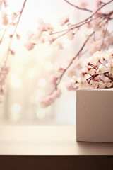 Cherry blossoms in vase on table against blurred background. Space for text.