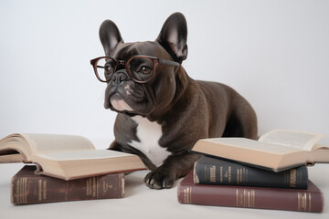 bull dog reading a book wearing glasses