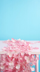 Pink hydrangea petals on table isolated on blue background.