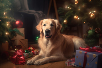 golden retriever with christmas gifts
