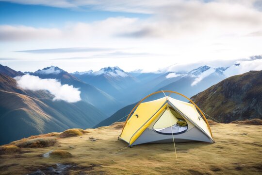 tent pitched on a ridge with panoramic mountain view