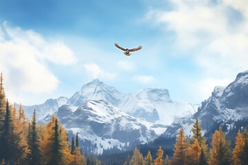 eagle soaring above alpine trees and peaks - Powered by Adobe