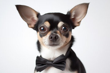 chihuahua in front of white background in a black bow tie