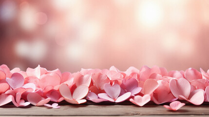 valentines day background with pink paper hearts on wooden table.