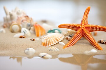 closeup of a starfish and seashells on wet sand