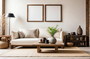 Square coffee table near white sofa and rustic cabinets against white wall with two blank poster frames with copy space. Japanese home interior design of modern living room