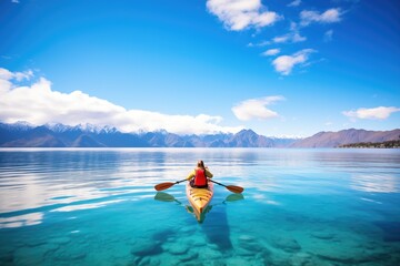 a man kayaking in a clear ocean bay with mountains - obrazy, fototapety, plakaty