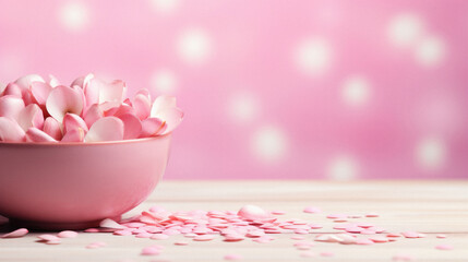Pink heart shaped petals in bowl on pastel pink background.