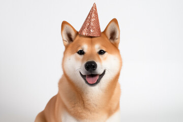 shiba inu dog wearing party hat