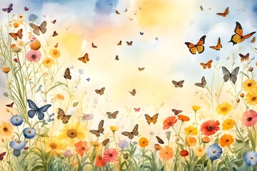 Obraz na płótnie Canvas A summer meadow adorned with fluttering butterflies, showcasing a variety of vibrant flowers in full bloom, bathed in the warm glow of the sun. The butterflies dance in the air