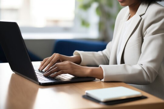 closeup of a paralegals hands typing on a laptop in a law firm