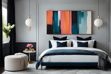 Modern bedroom with a large-scale piece featuring romantic imagery