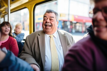 politician riding a bus conversing with passengers