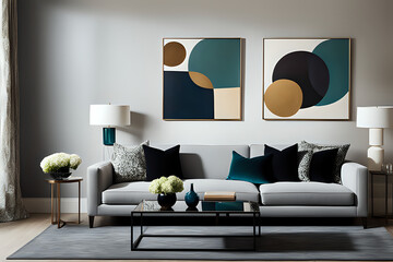 Modern living room with a large-scale piece featuring romantic imagery. Side view