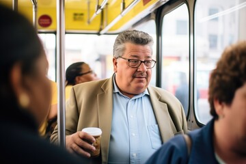 politician riding a bus conversing with passengers - obrazy, fototapety, plakaty