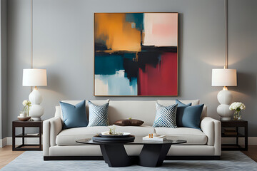 Modern living room with a large-scale piece featuring romantic imagery. Close up