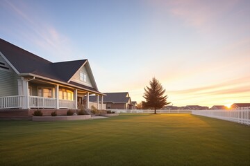 Obraz premium wideangle shot of a prairie neighborhood at sunrise