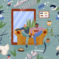 Seamless pattern, background barbers and male clients in barbershop. Hairdressers and male clients in a men's beauty salon. Performing haircuts, hairstyles, hair care, beard care. Flat graphics.