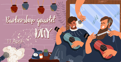  Invitation ticket for Barbershop Quartet Day, April 11, characters of people, men, with guitar, ukulele, in a barbershop against a mirror, in the professional amosphere of a barbershop. 