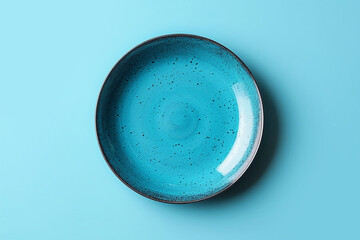 Empty plate on blue background top view, intermittent fasting concept. - obrazy, fototapety, plakaty