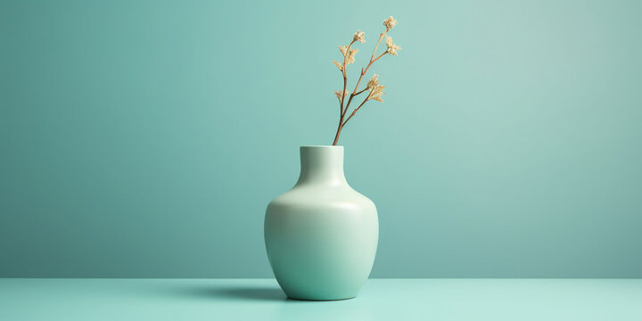 Vase with flowers on the table, Light Blue Wall Vase with Plant and Wooden Accents, Minimalist interior with vase and flower. 