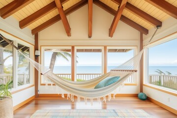 shingle style beach chalet with hammocks and ocean view