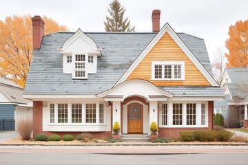stately gambrel architecture, woodland backdrop, crisp shingles