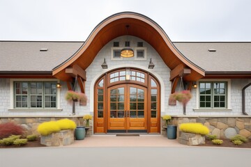 stone accented shingle house with arched wooden doors