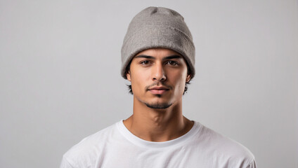 young man wearing a beanie on a white background