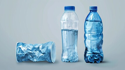 vector crumpled plastic cup and bottle for water, vector   