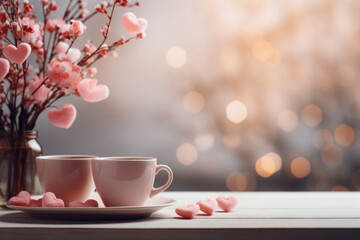 Two cups of coffee on a wooden table with a bouquet of pink cherry blossoms.