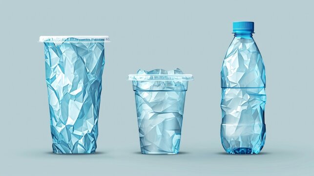 vector crumpled plastic cup and bottle for water, vector  
