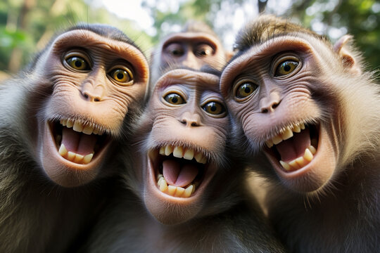 a group of cute monkeys taking selfies