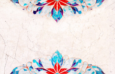 Detail of traditional persian mosaic wall with geometrical and floral ornament, Iran. Horizontal or vertical background with ceramic tile. Mock up template. Copy space for text