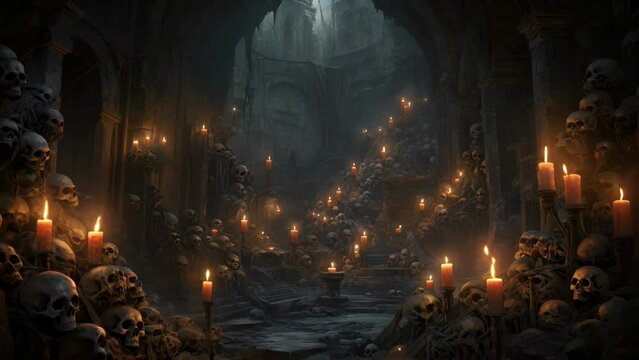 Flickering candles illuminating a cobwebstrewn dungeon with grinning skulls