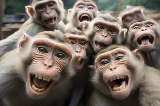 a group of cute monkeys taking selfies