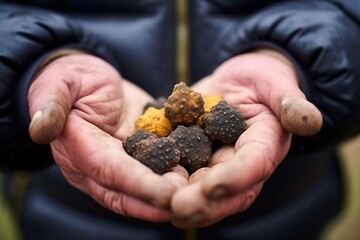 person showing handful of black truffles - obrazy, fototapety, plakaty