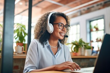 woman travel agent wearing headset, assisting clients online