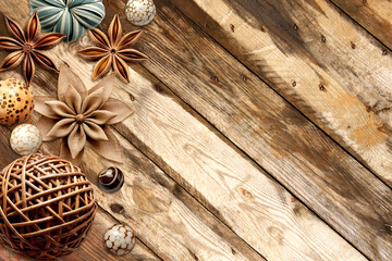 Eco friendly backdrop. Horizontal background with star anise, handmade burlap star and rotang ball...