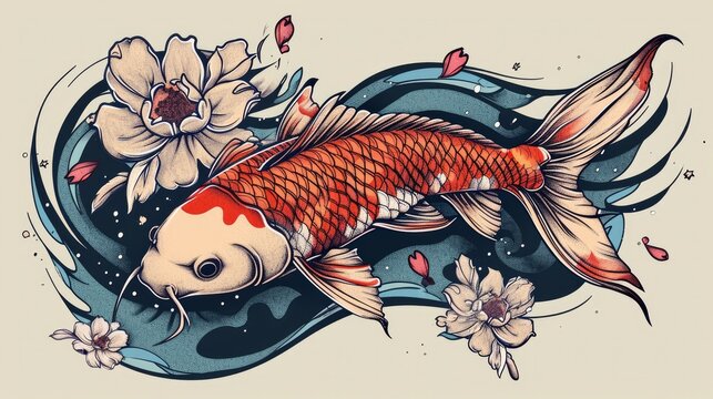 Vector koi fish tattoo by hand drawing  