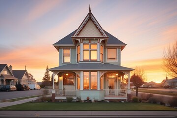 victorian home with bay window at sunset