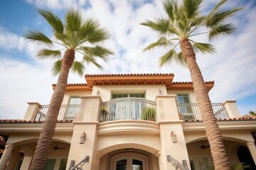 Fototapeta na wymiar twostoried mediterranean residence with palm trees flanking balconies