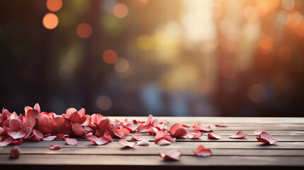 Wooden table with rose petals on bokeh background.