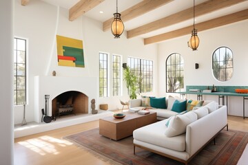 spanish revival living area with white beams and large windows