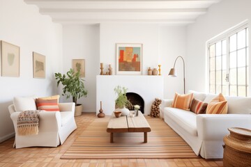 cozy white living room with terracotta floors