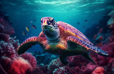 Fototapeta premium a turtle swimming in the ocean with corals and other fish around it's neck and head, generative, ai